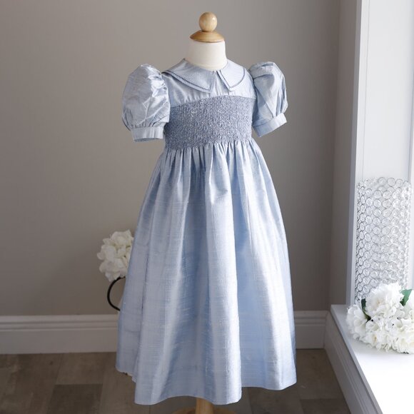 RARE Strasburg Heirloom Smocked Dupioni Silk Dress Blue Special Occasion Size 6